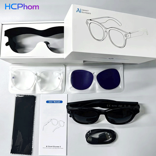 HCPhom M88-S AI smart glasses with black frame and smoke lenses blue gradient lenses and clear lenses